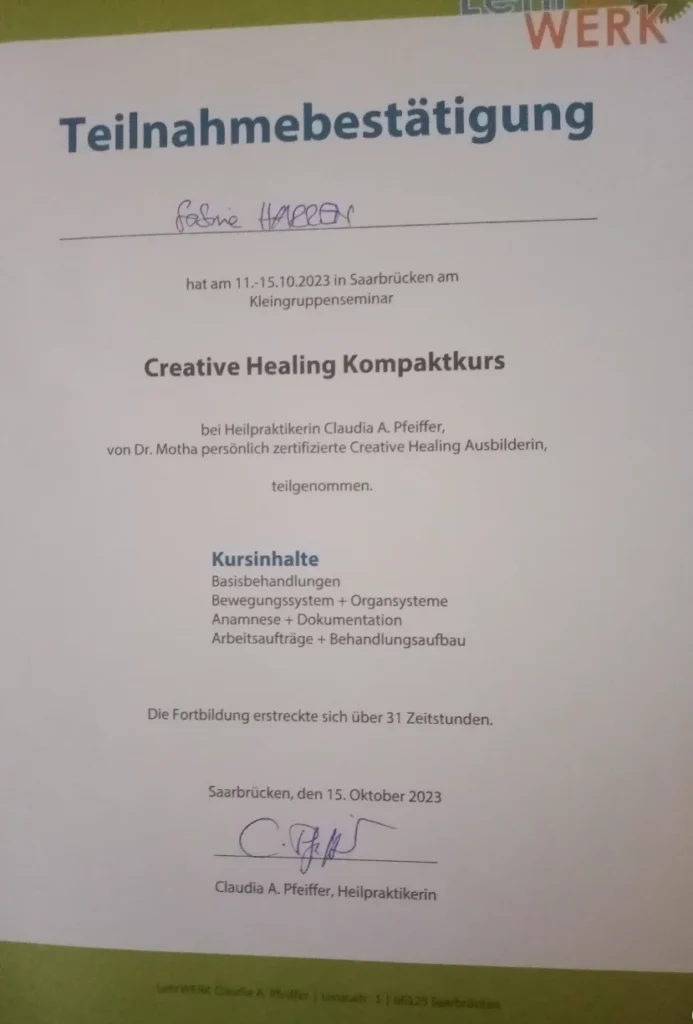 Creative Healing Kompaktkurs bevis